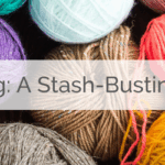 Assorted balls of yarn in different textures and colors are the background. Text overlay reads "Scrap Knitting"