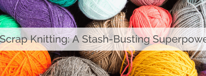 Assorted balls of yarn in different textures and colors are the background. Text overlay reads "Scrap Knitting"