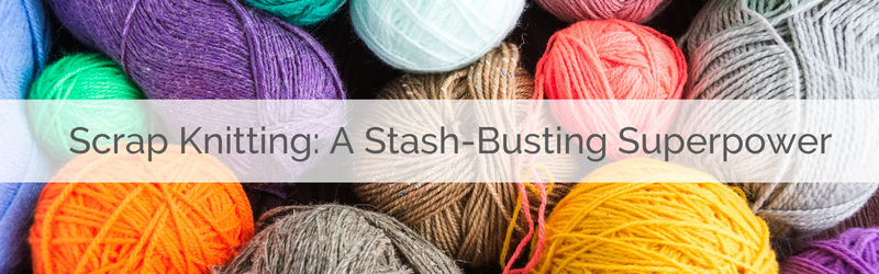 Assorted balls of yarn in different textures and colors are the background. Text overlay reads "Scrap Knitting"